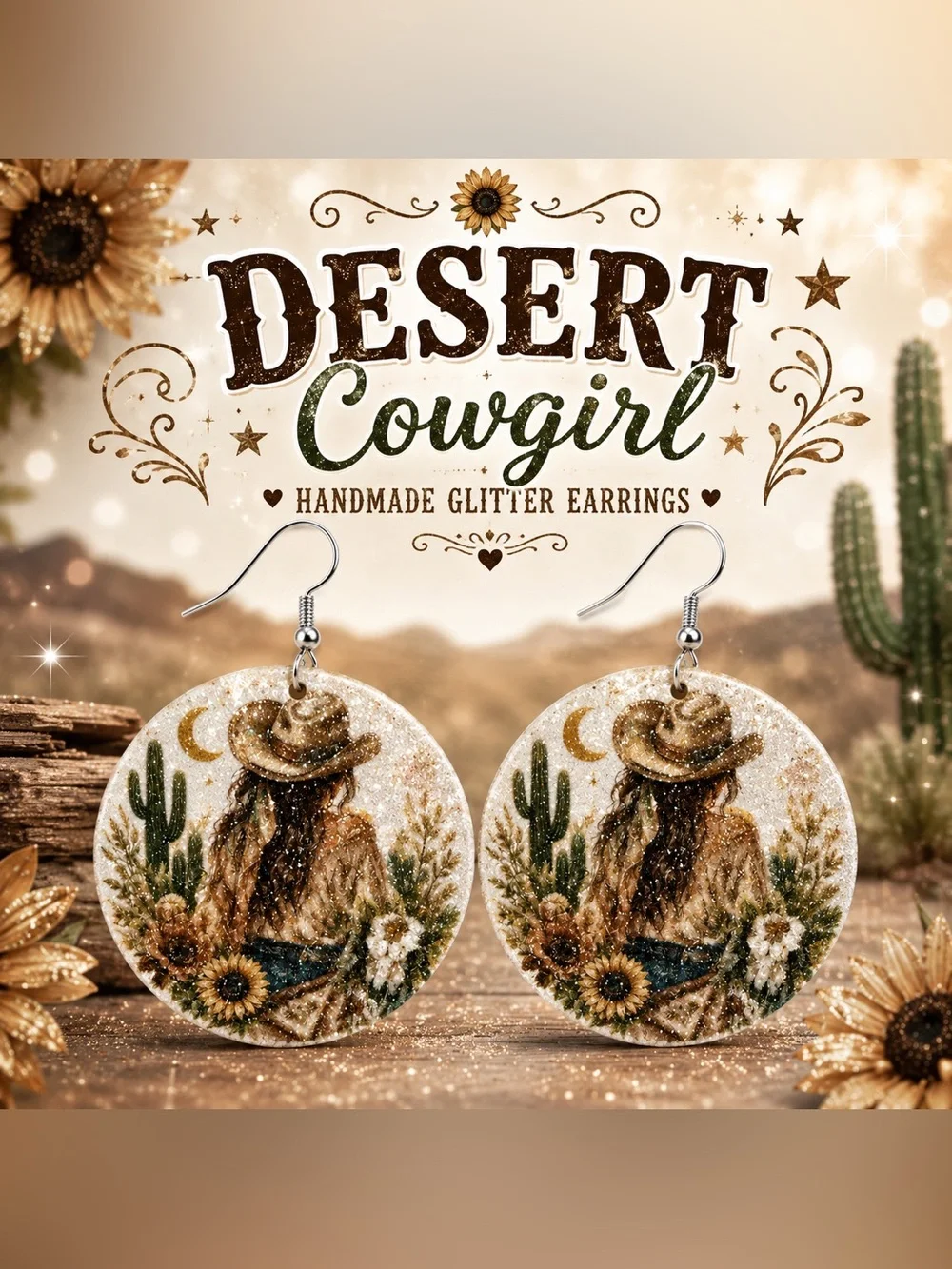 Desert Cowgirl Glitter Earrings • Western Sunflower Dangle Earrings • - Picture 1 of 2
